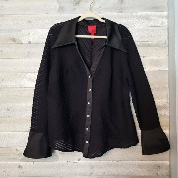 JS Collections vintage women plus sz 16 black mesh striped button up top. - Picture 1 of 5